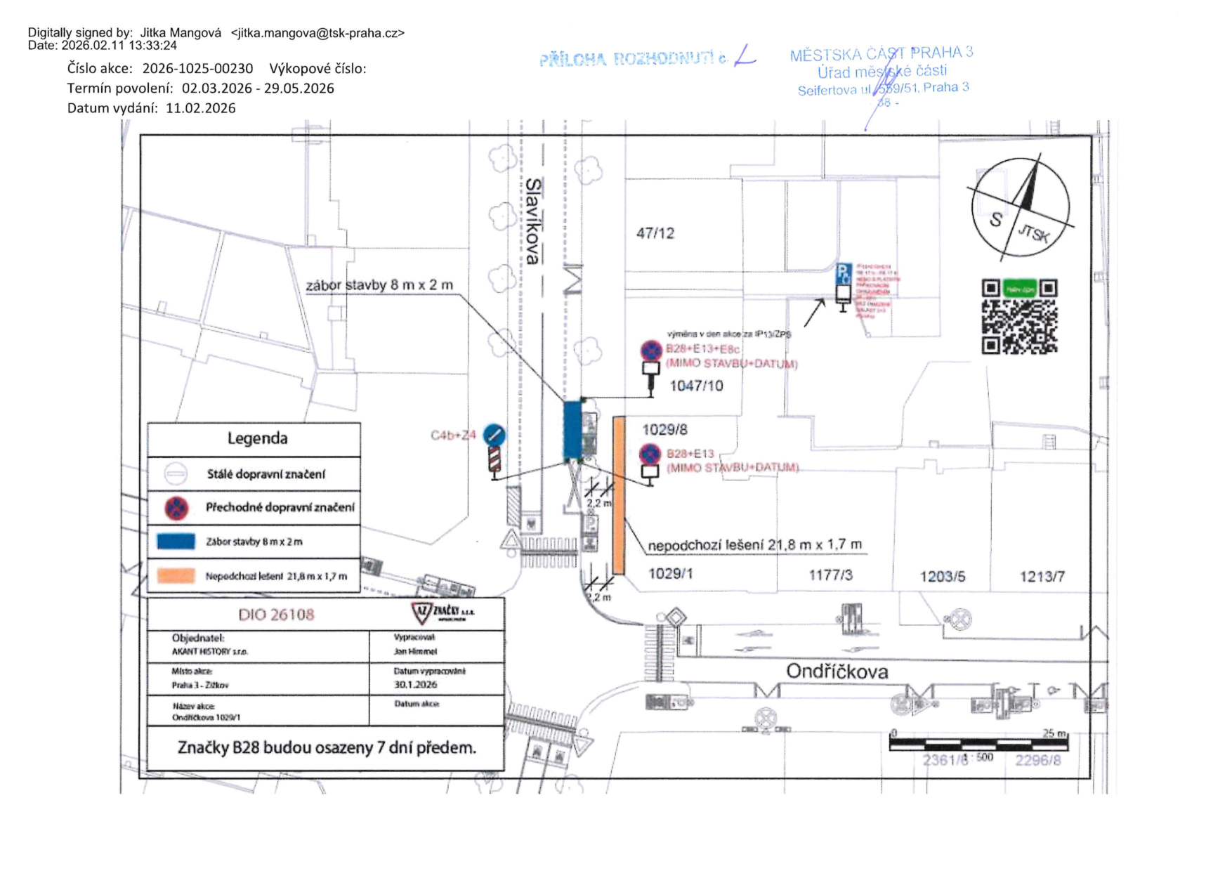 Situační nákres dopravního značení a záboru veřejného prostranství pro stavební účely na ulici Ondříčkova.