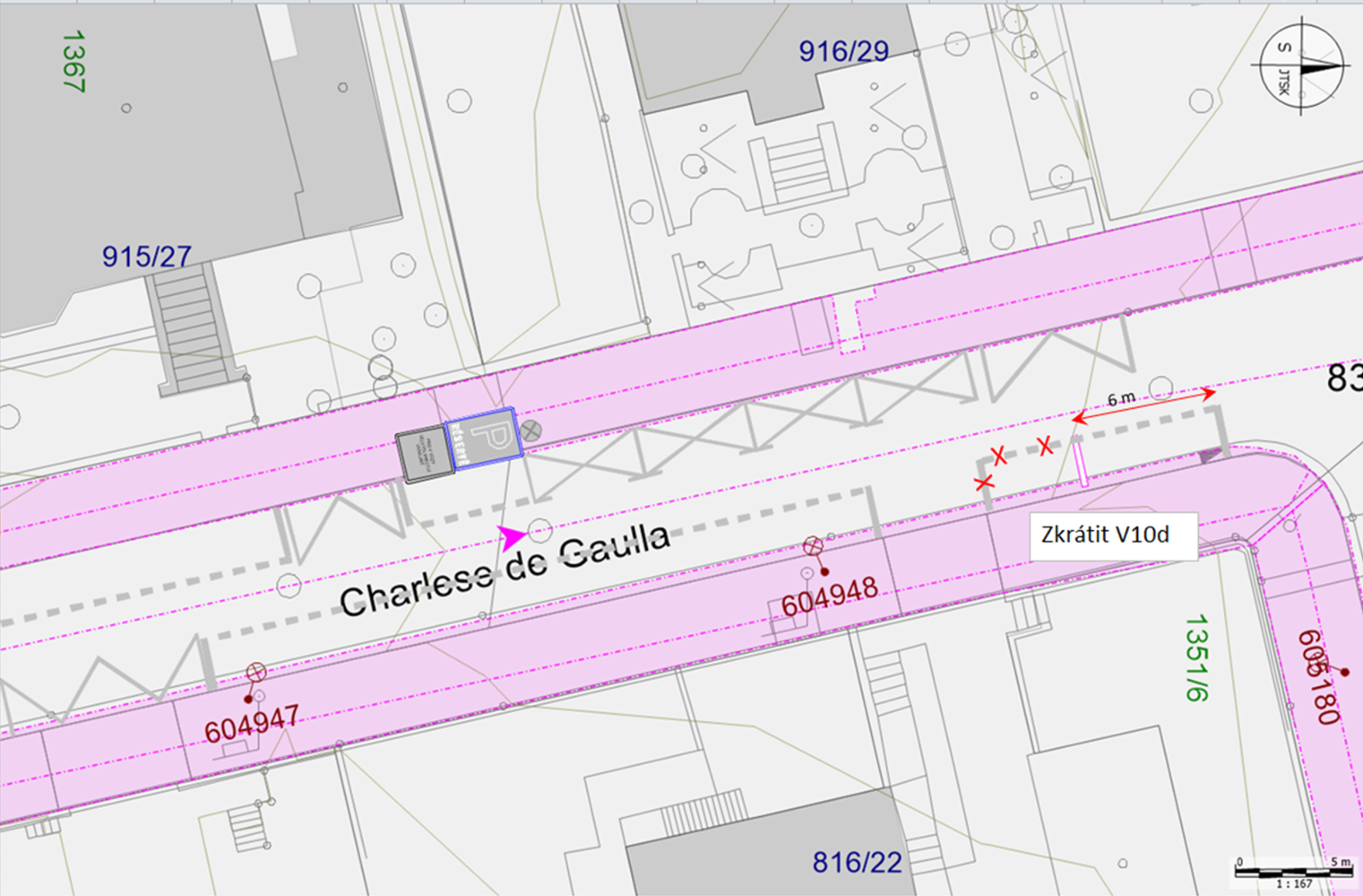 Koordinační situační výkres dopravního značení na ulici Charlese de Gaulla.