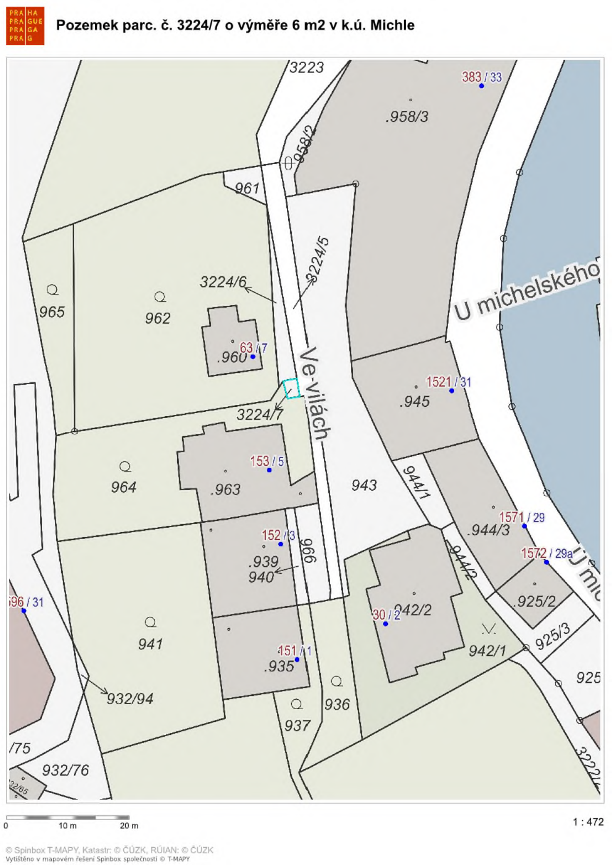 Katastrální mapa zobrazující parcelu č. 3224/7 v katastrálním území Michle.