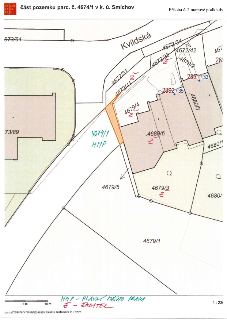 Katastrální mapa části pozemku parc. č. 4674/1 v k. ú. Smíchov. Mapa obsahuje vyznačenou část pozemku (zvýrazněno oranžově), okolní parcely (např. 4672/31, 467…