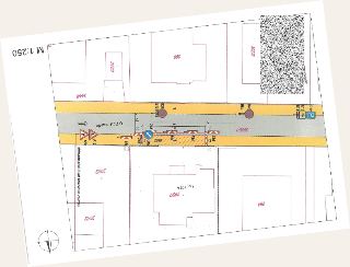 Situační nákres dopravního značení a záboru ulice U Páté baterie, parc. č. 3650/1. Jsou zde vyznačeny dopravní značky (IP12, B28 s dodatkovými tabulkami E13, A…
