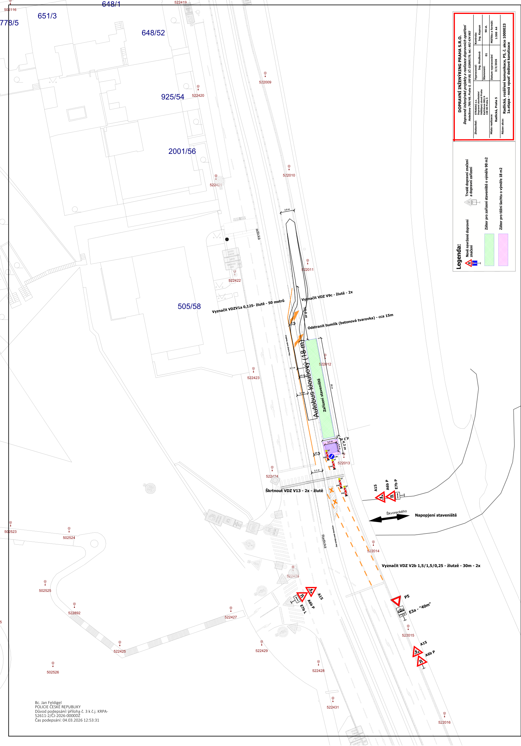 Koordinační situační výkres dopravního značení pro staveniště na ulici Radlická.