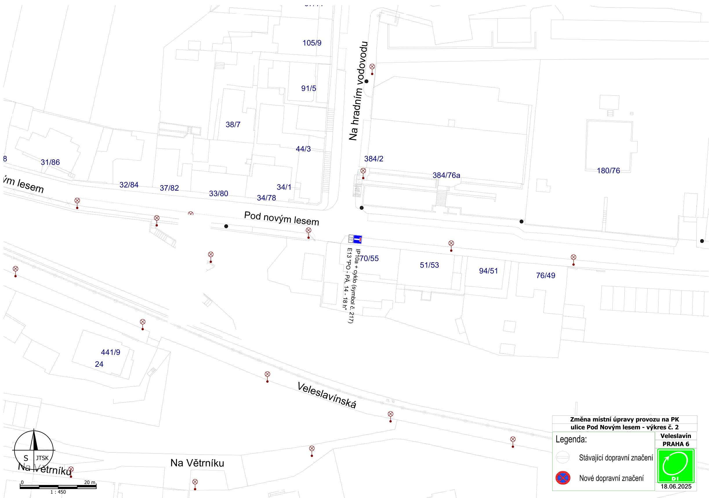 Situační nákres změny místní úpravy provozu na pozemní komunikaci v ulici Pod Novým lesem, Praha 6. Mapa zobrazuje katastrální čísla parcel (např. 105/9, 91/5, 38/7, 44/3, 384/2, 384/76a, 180/76, 32/84, 37/82, 33/80, 34/1, 34/78, 70/55, 51/53, 94/51, 76/49, 441/9, 24) a názvy ulic (Na hradním vodovodu, Pod novým lesem, Veleslavínská, Na Větrníku). V mapě je vyznačeno nové dopravní značení (symboly přeškrtnutého kruhu) a konkrétní dopravní značka IP 10a s dodatkovou tabulkou E13 'PO - PÁ, 14 - 18 h' a symbolem cyklisty č. 217. Legenda uvádí: 'Změna místní úpravy provozu na PK ulice Pod Novým lesem - výkres č. 2', 'Stávající dopravní značení' (prázdný kruh), 'Nové dopravní značení' (přeškrtnutý kruh), 'Veleslavín PRAHA 6', datum '18.06.2025'. Měřítko 1:450.
