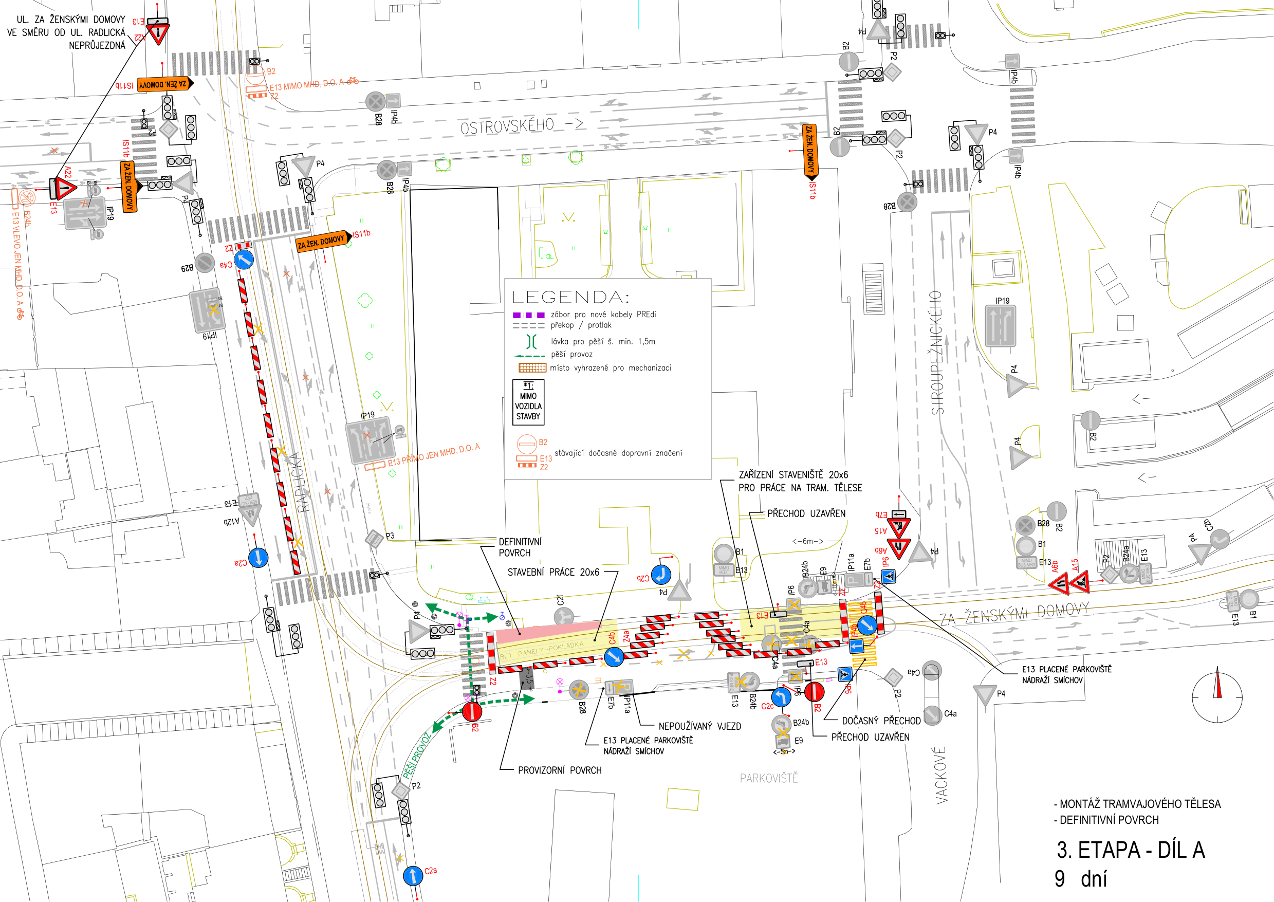 Koordinační situační výkres dopravního značení pro 3. etapu výstavby tramvajového tělesa.