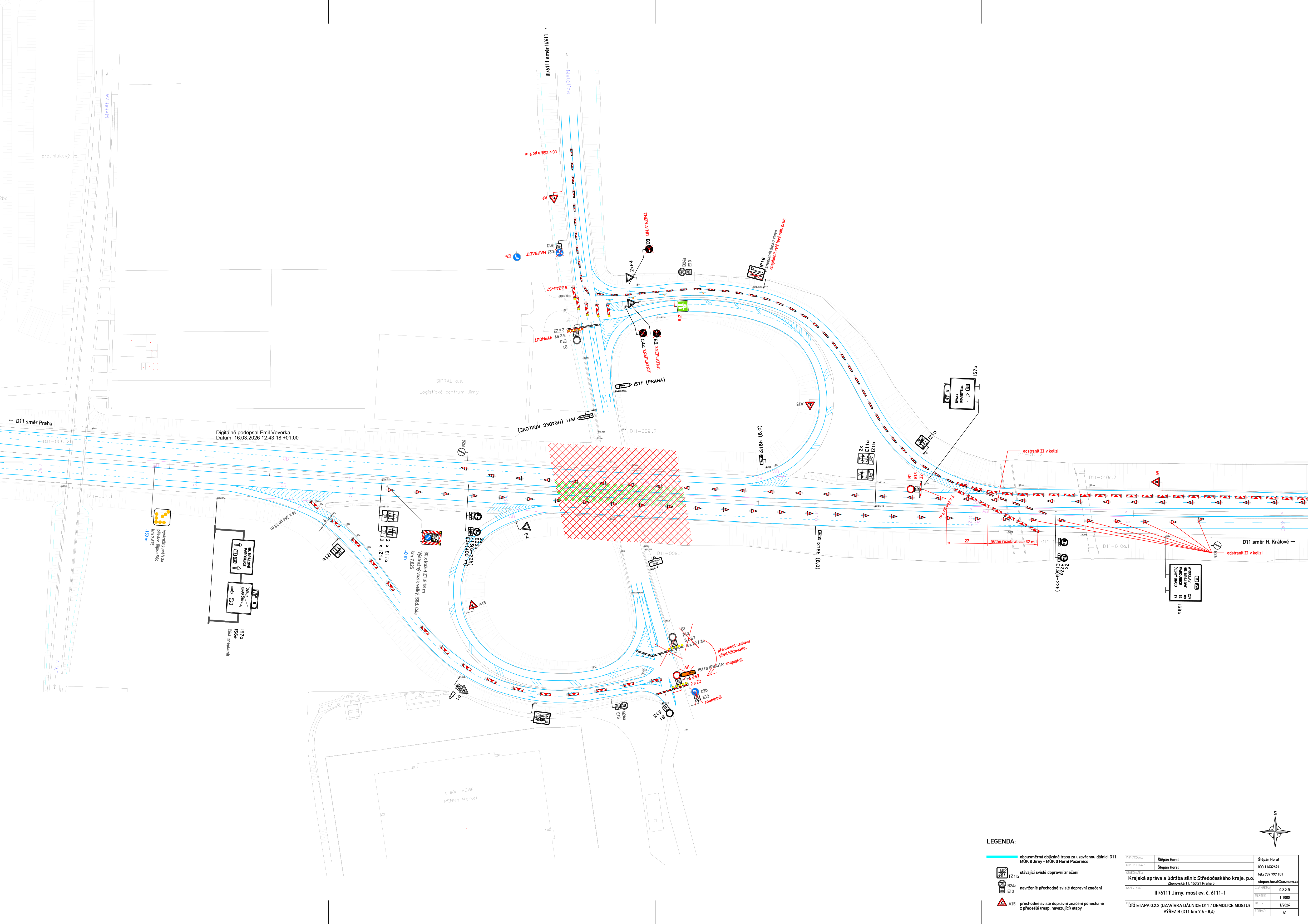Situační nákres dopravního značení a uzavírky dálnice D11 v místě mostu ev. č. 6111-1.