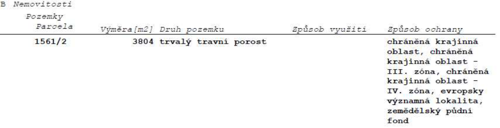 Výpis z katastru nemovitostí, část B (Nemovitosti), pozemky: parcela č. 1561/2, výměra 3804 m2, druh pozemku: trvalý travní porost. Způsob ochrany: chráněná krajinná oblast, chráněná krajinná oblast - III. zóna, chráněná krajinná oblast - IV. zóna, evropsky významná lokalita, zemědělský půdní fond.