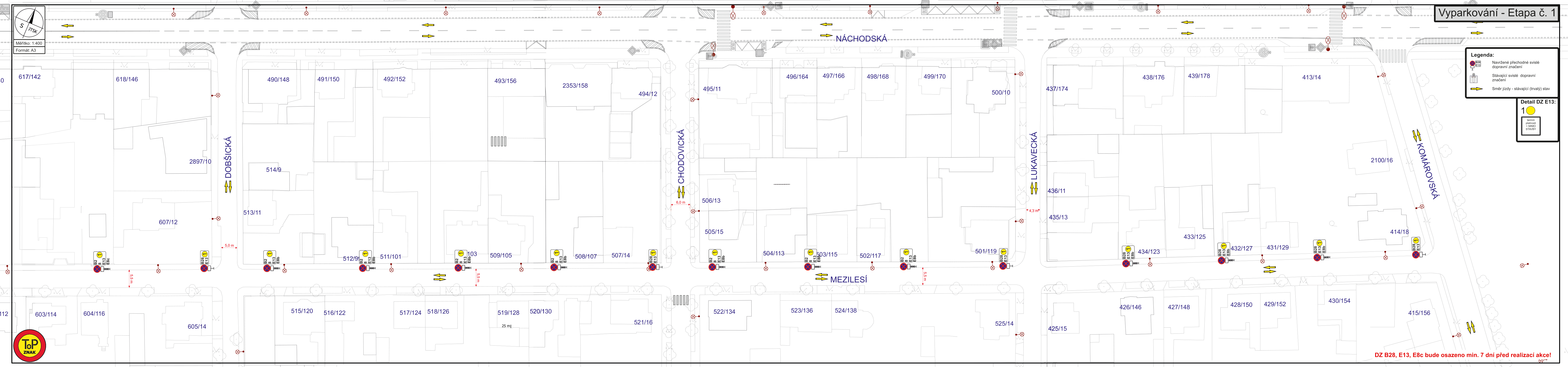 Dopravně-inženýrské schéma přechodného dopravního značení (zákaz parkování) v ulici Mezilesí v Praze.