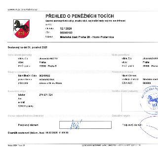 Dokument 'PŘEHLED O PENĚŽNÍCH TOCÍCH' pro Městskou část Praha 20 - Horní Počernice (IČO: 00240192) za období 12/2025, sestavený ke dni 31. 12. 2025. Sídlo: Jív…