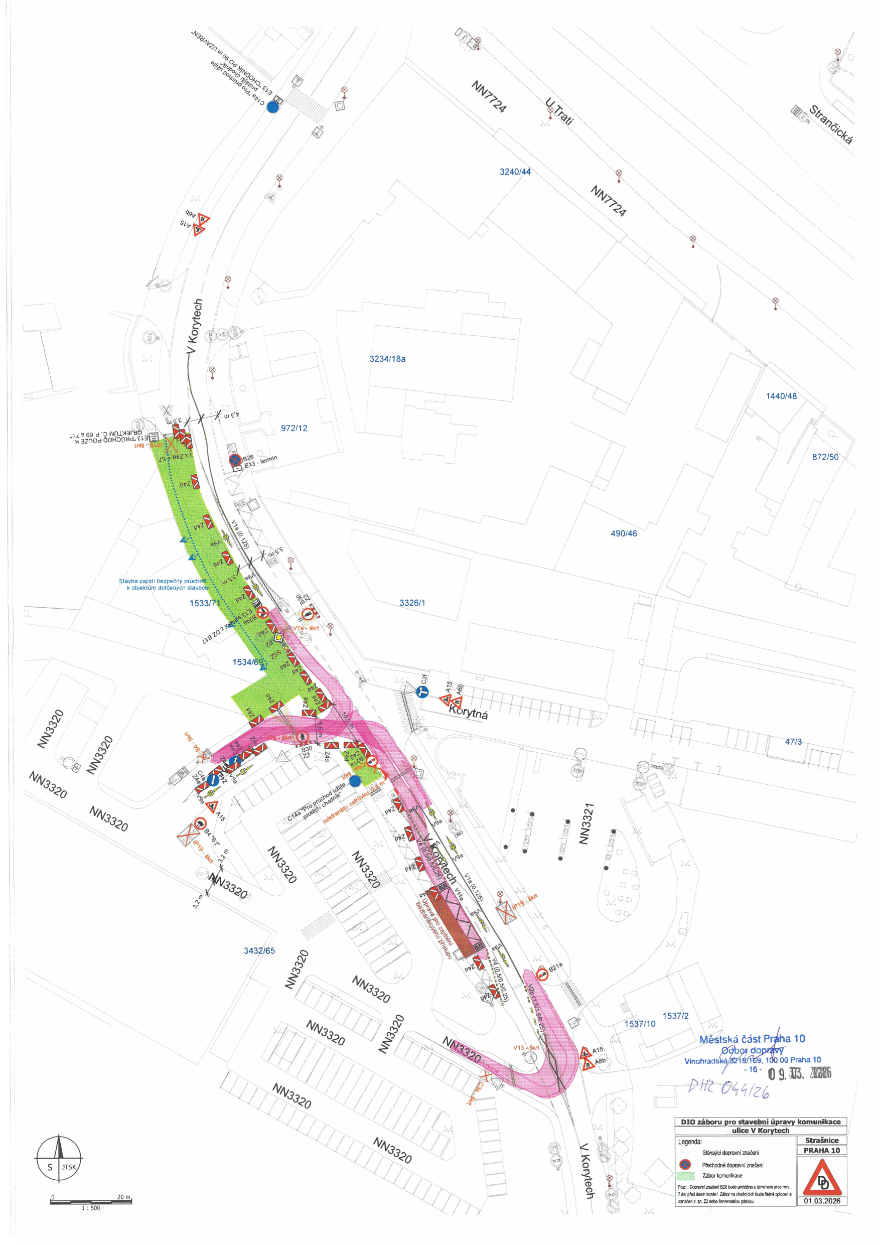 Situační plán DIO (dopravně inženýrského opatření) pro stavební úpravy ulice V Korytech v Praze.