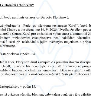 Naskenovaná stránka textového dokumentu. Nadpis: „...l v Dolních Chabrech“. Text obsahuje informace o projednávání petice „Petice za záchranu restaurace Karel“…