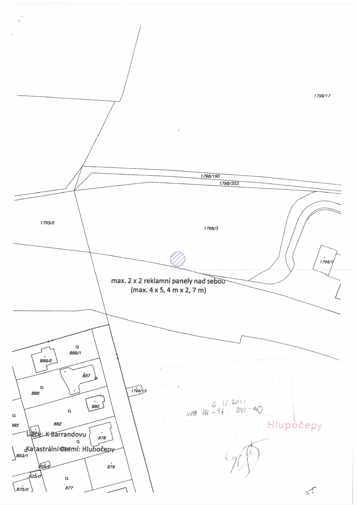 Situační nákres umístění reklamních panelů v katastrálním území Hlubočepy na parcele č. 1796/3.