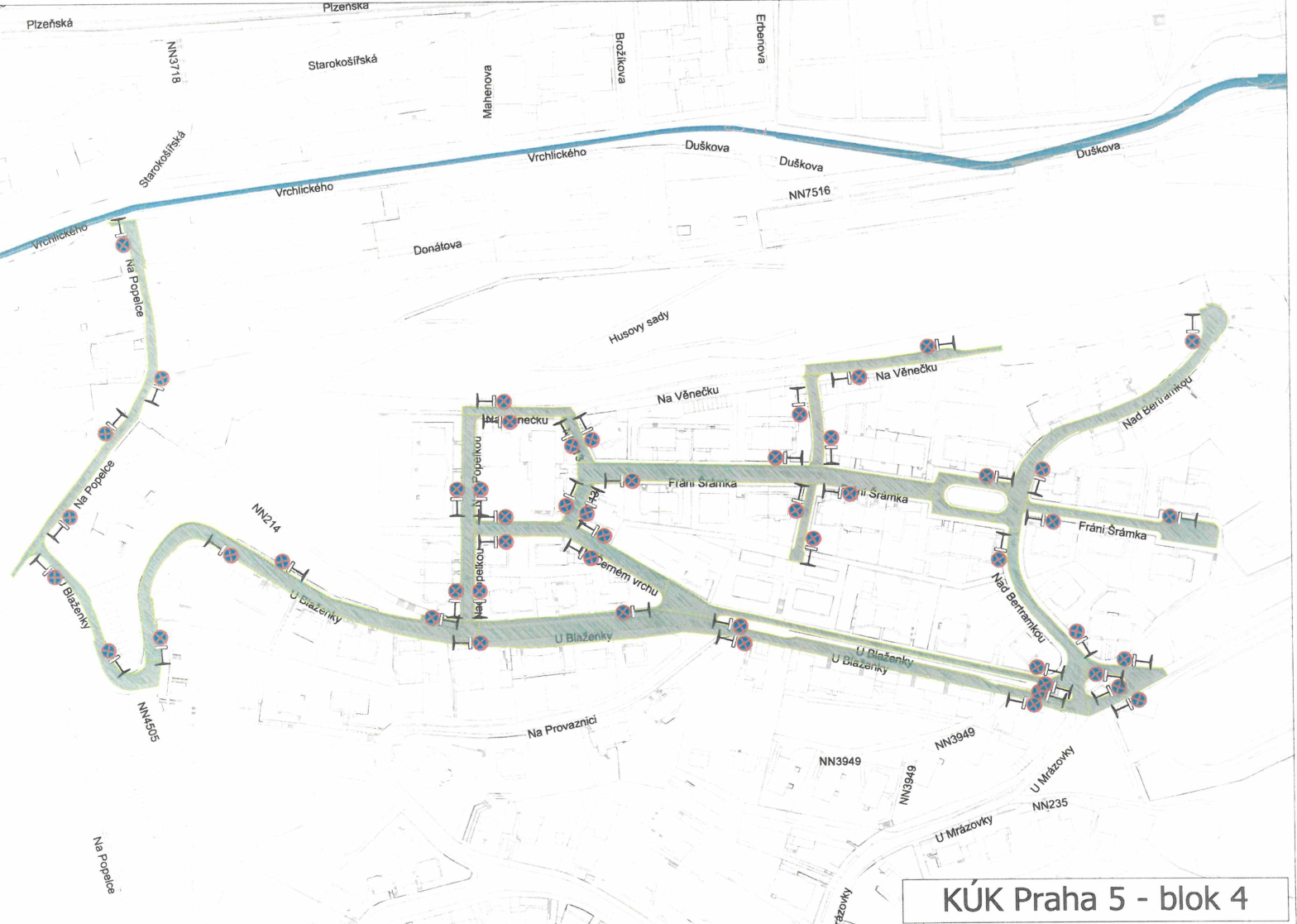 Situační nákres dopravního značení v lokalitě Praha 5 - blok 4.