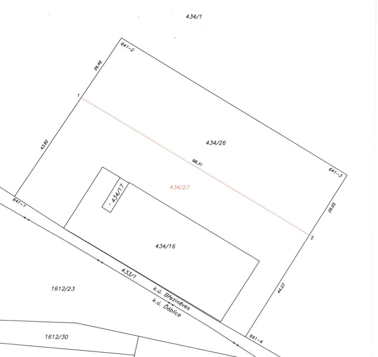 Výřez katastrální mapy zobrazující parcely v katastrálních územích Březiněves a Ďáblice. Zobrazená čísla parcel: 434/1, 434/26, 434/27, 434/17, 434/16, 433/1, 641-1, 641-2, 641-3, 641-4, 1612/23, 1612/30. V mapě jsou vyznačeny délky hranic (26.49, 43.82, 98.31, 26.05, 44.23) a body označené čísly 1 a 2.