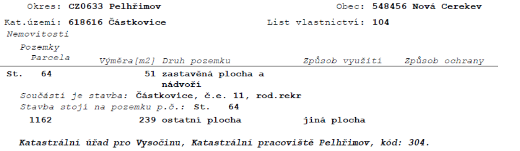Výpis z katastru nemovitostí: Okres: CZ0633 Pelhřimov, Obec: 548456 Nová Cerekev, Katastrální území: 618616 Částkovice, List vlastnictví: 104. Nemovitosti: Pozemky. Parcela St. 64, výměra 51 m2, druh pozemku: zastavěná plocha a nádvoří. Součástí je stavba: Částkovice, č.e. 11, rod.rekr (rodinná rekreace). Stavba stojí na pozemku p.č.: St. 64. Parcela 1162, výměra 239 m2, druh pozemku: ostatní plocha, způsob využití: jiná plocha. Katastrální úřad pro Vysočinu, Katastrální pracoviště Pelhřimov, kód: 304.