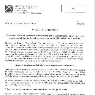 MĚSTSKÁ ČÁST PRAHA 1, ÚŘAD MĚSTSKÉ ČÁSTI, Odbor dopravy, Oddělení dopravně-komunikační. Č. j.: ÚMČ P1 738302/2026/ODOP/047/1/KT, Datum: 14.10.2026. VEŘEJNÁ VYH…