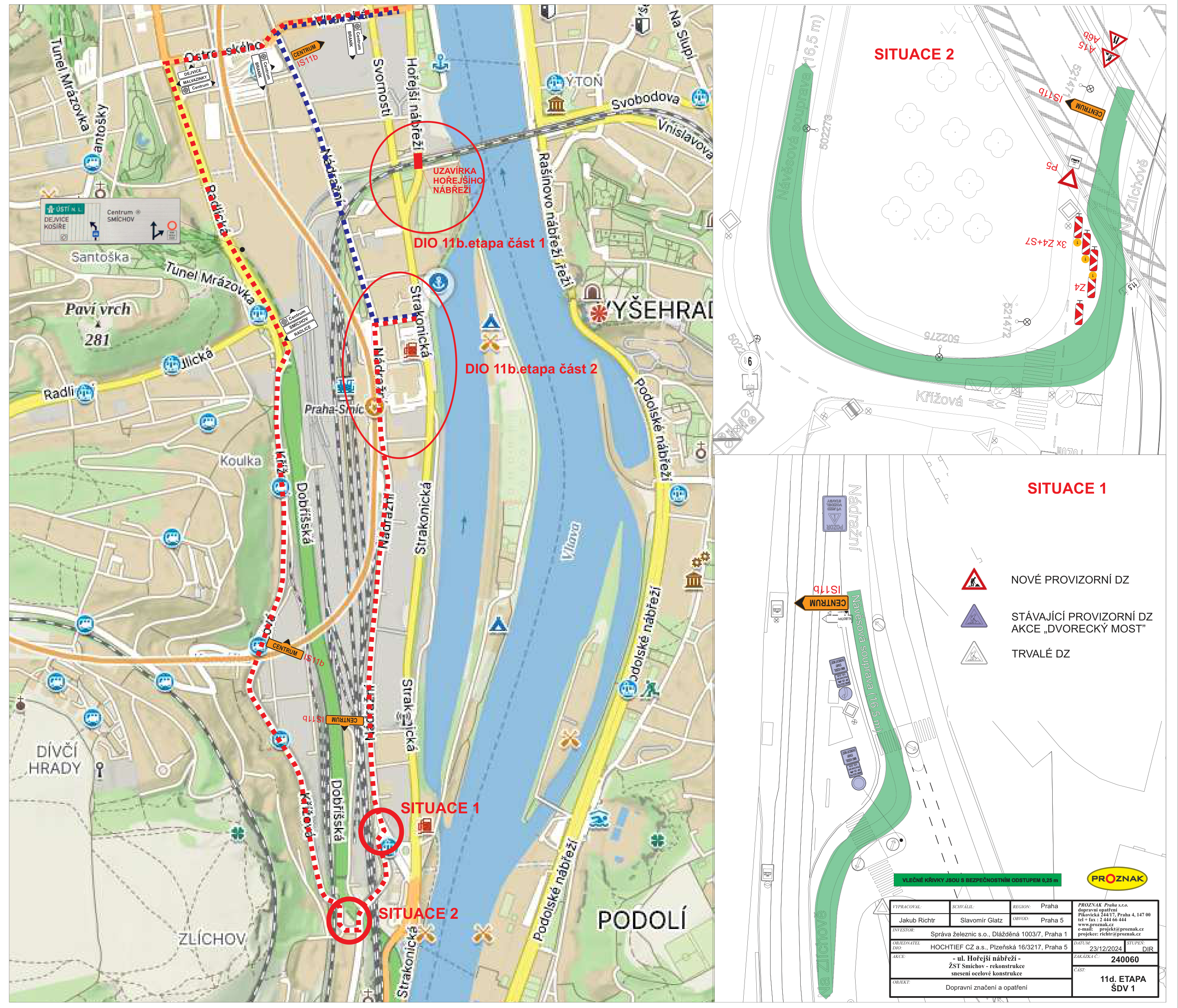Mapa a situační nákresy dopravního značení a uzavírky v rámci rekonstrukce železniční stanice Praha-Smíchov.