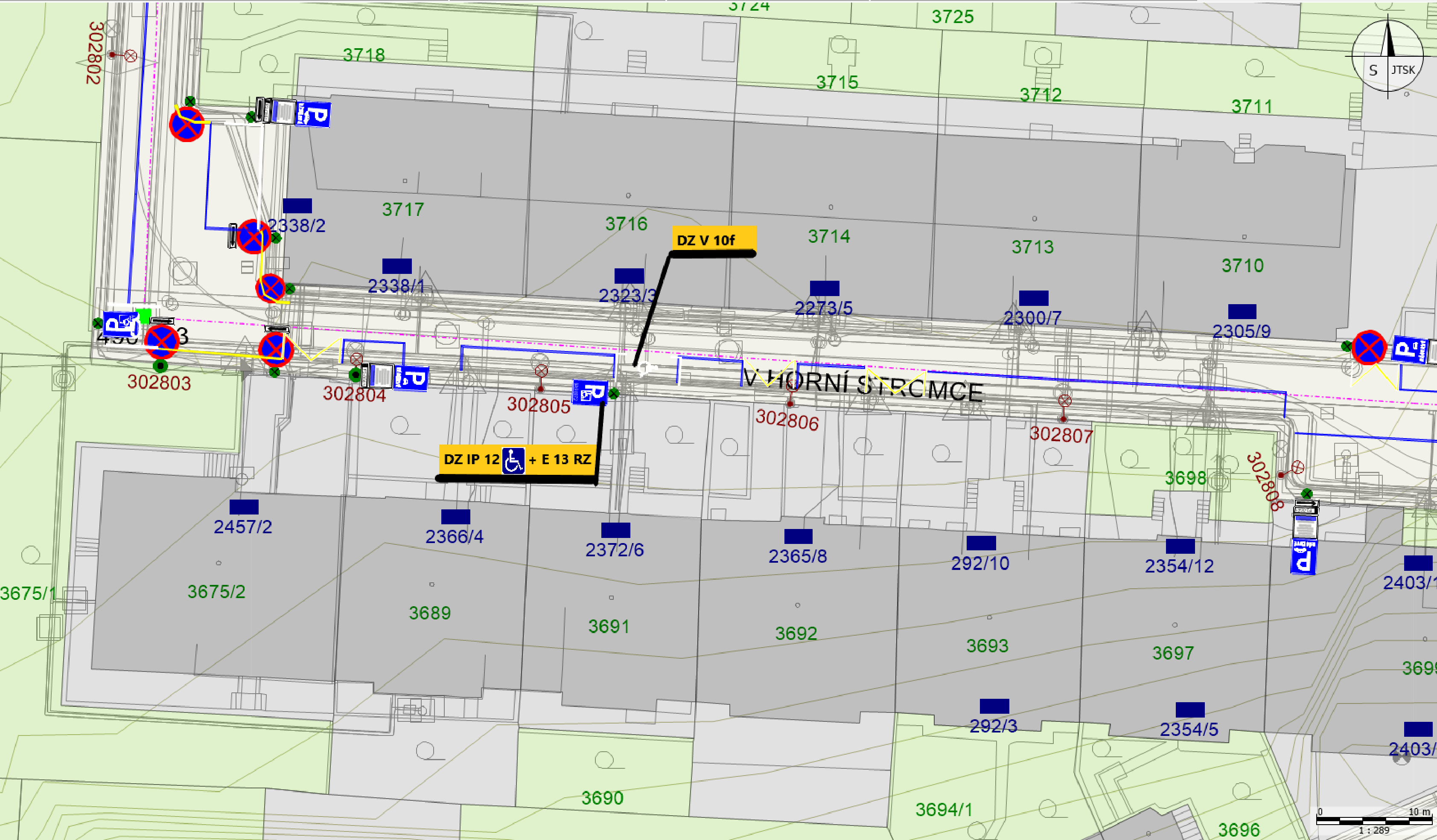 Koordinační výkres (situační plán) dopravního značení a parkovacích stání v ulici V Horní Stromce.