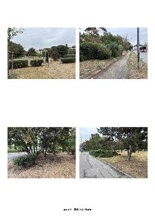 Čtyři fotografie zachycující veřejné prostranství s trávníkem, keři a stromy v blízkosti silnice. Pod obrázky je uveden text: 'parc.č. 1056, k.ú. Nusle'.