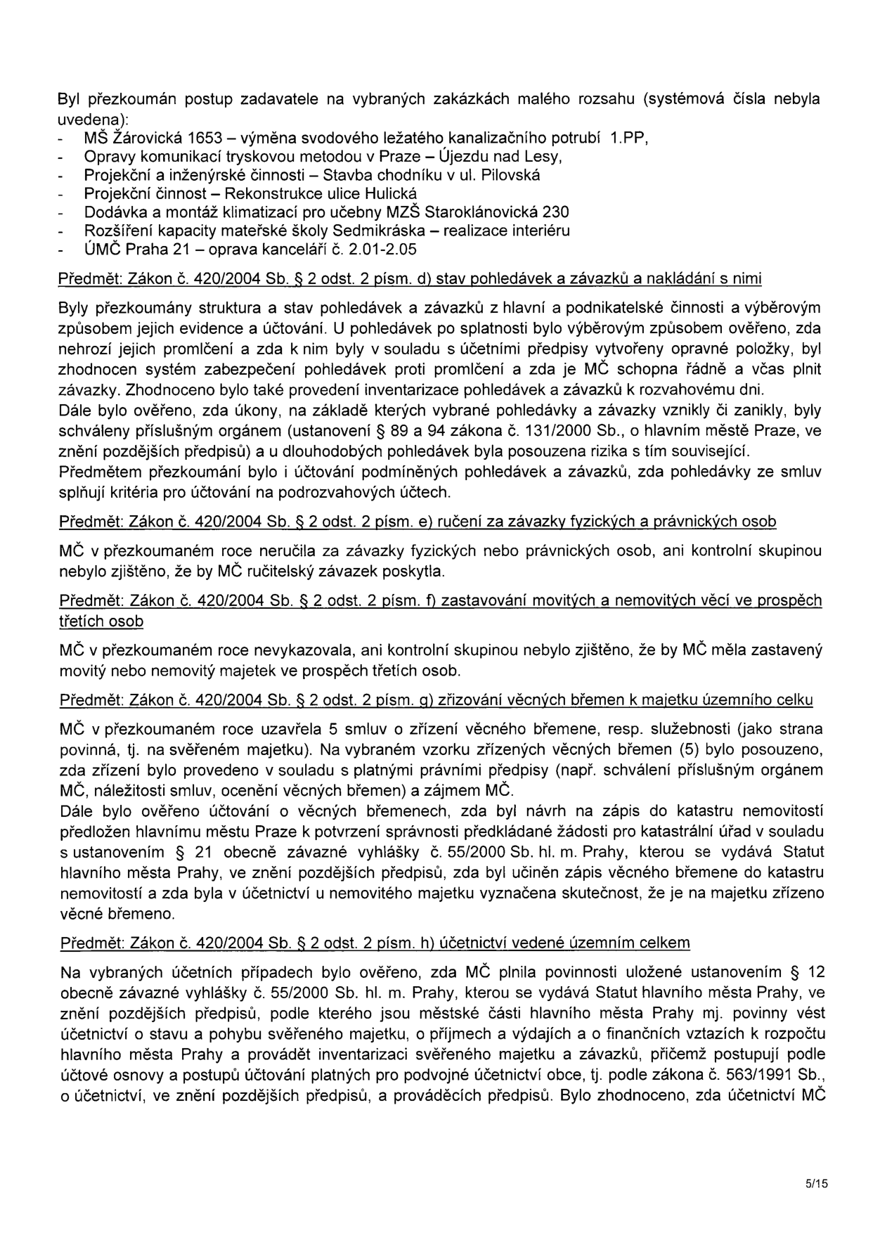 Zpráva z kontroly hospodaření městské části (MČ) Praha 21. Obsahuje přezkum zakázek malého rozsahu (MŠ Žárovická, opravy komunikací, projekční činnosti, rekonstrukce ulice Hulická, MŠ Staroklánovická, MŠ Sedmikráska, oprava kanceláří ÚMČ). Dále obsahuje kontrolu dle zákona č. 420/2004 Sb.: stav pohledávek a závazků, ručení za závazky fyzických a právnických osob, zastavování majetku, zřizování věcných břemen a vedení účetnictví dle vyhlášky č. 55/2000 Sb. hl. m. Prahy.