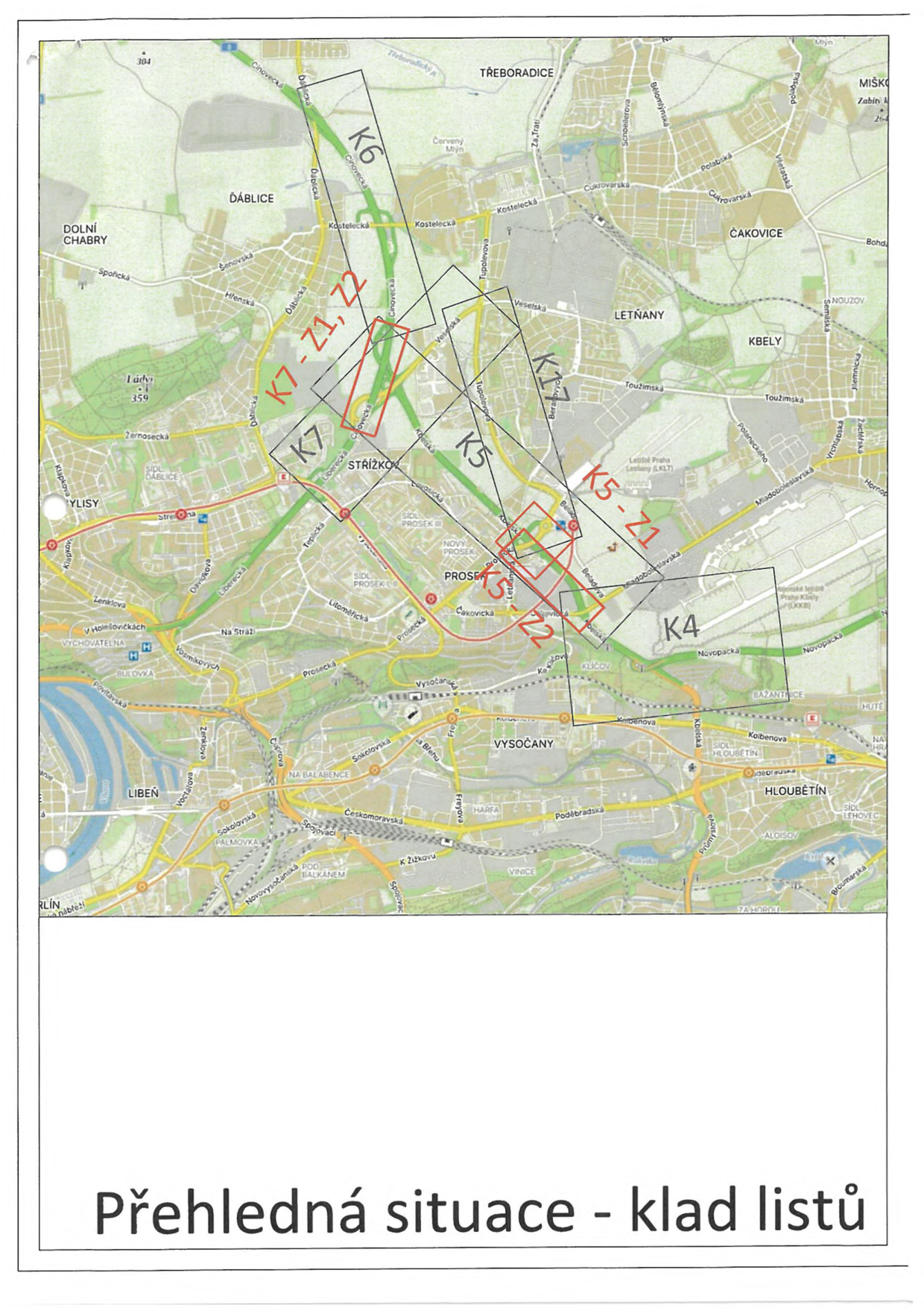 Přehledná situace - klad listů. Mapa zobrazuje území v Praze (oblasti Ďáblice, Střížkov, Prosek, Letňany, Vysočany, Hloubětín) s vyznačenými sektory (K4, K5, K6, K7) a jejich podsekcemi (Z1, Z2). V mapě jsou patrné hlavní dopravní tahy a názvy ulic (např. Cínovecká, Liberecká, Prosecká, Tupolevova, Mladoboleslavská).
