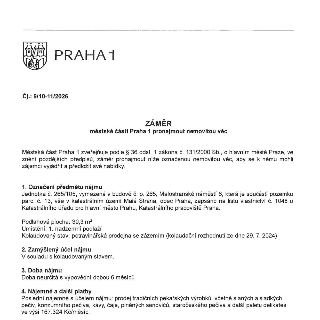 PRAHA 1, Čj.: 9/10-11/2026. ZÁMĚR městské části Praha 1 pronajmout nemovitou věc. Městská část Praha 1 zveřejňuje podle § 36 odst. 1 zákona č. 131/2000 Sb., o…