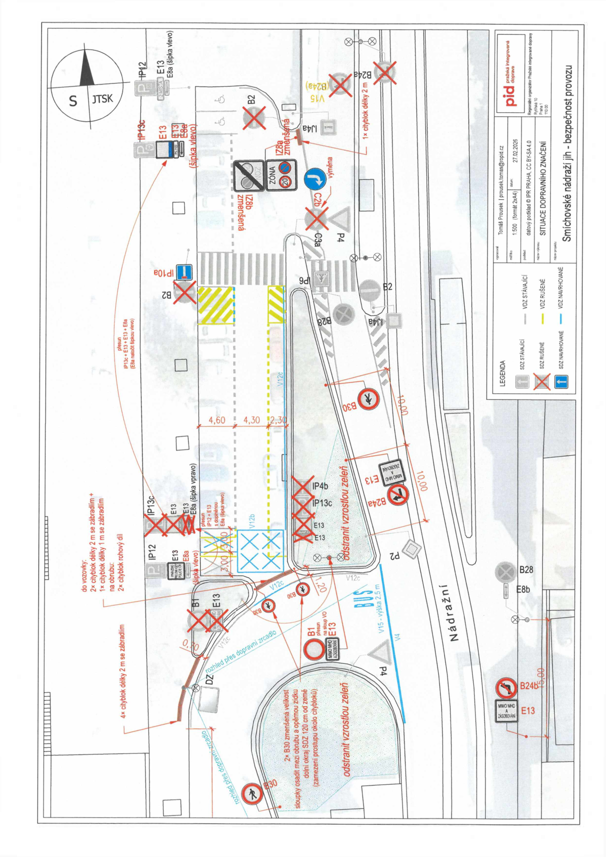 Situační nákres dopravního značení a úpravy prostoru u nádraží Smíchov.