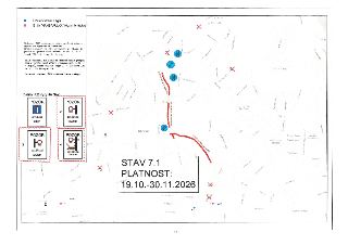Situační nákres dopravního značení - STAV 7.1, PLATNOST: 19.10.-30.11.2026. Legenda: modrý bod IP22 (viz detail a typ), růžový bod IS11b 'HANSPAULKA' (viz směr…