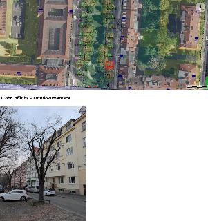 Situační výkres s ortofotomapou a přiloženou fotografií budovy. Mapa zobrazuje oblast ulice Thákurova s vyznačenými parcelními čísly (např. 550/2, 530/2, 541/3…