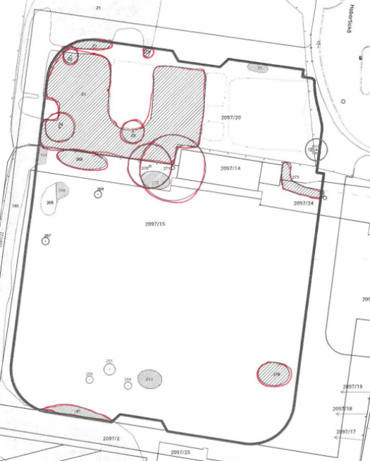 Situační výkres (katastrální mapa) s vyznačenými parcelami a plochami. Čitelná čísla parcel: 2097/20, 2097/14, 2097/24, 2097/15, 2097/19, 2097/18, 2097/17, 2097/2, 2097/25. V horní části je uveden název ulice 'Hobortická'. Mapa obsahuje šrafované plochy a očíslované body (např. 253, 254, 255, 256, 266, 267, 268, 272, 273, 279).