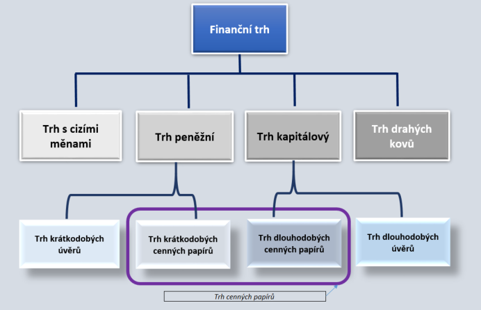 Schéma struktury finančního trhu. Hlavní kategorie: Finanční trh. Podkategorie: Trh s cizími měnami, Trh peněžní, Trh kapitálový, Trh drahých kovů. Podkategorie Trhu peněžního a Trhu kapitálového: Trh krátkodobých úvěrů, Trh krátkodobých cenných papírů, Trh dlouhodobých cenných papírů, Trh dlouhodobých úvěrů. Označení 'Trh cenných papírů' zahrnuje Trh krátkodobých cenných papírů a Trh dlouhodobých cenných papírů.