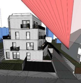 3D architektonická vizualizace plánovaného bytového domu s terasami a balkony, zohledňující okolní zástavbu a výškové limity/odstupy znázorněné červenou plocho…
