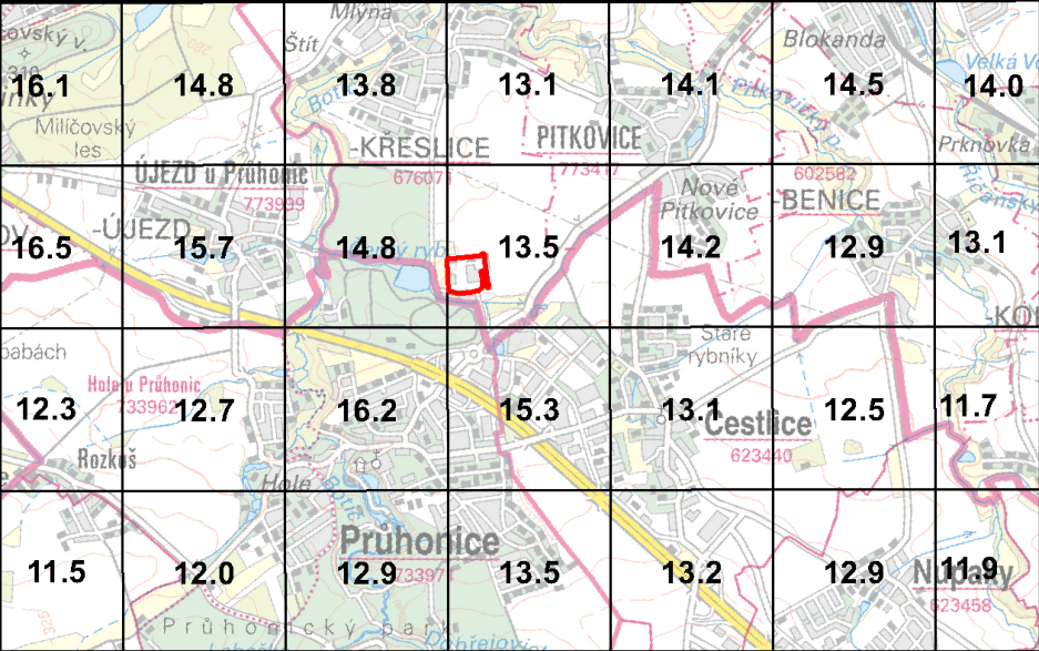 Mapa území s vyznačenou sítí čtverců a číselnými hodnotami v jednotlivých polích. Zobrazené lokality: Újezd u Průhonic, Křeslice, Pitkovice, Nové Pitkovice, Benice, Průhonice, Čestlice, Nupaky. Uprostřed mapy je červeně vyznačený obdélník (objekt). Číselné hodnoty v polích: 16.1, 14.8, 13.8, 13.1, 14.1, 14.5, 14.0, 16.5, 15.7, 14.8, 13.5, 14.2, 12.9, 13.1, 12.3, 12.7, 16.2, 15.3, 13.1, 12.5, 11.7, 11.5, 12.0, 12.9, 13.5, 13.2, 12.9, 11.9. Identifikátory katastrálních území: 67607, 77347, 602582, 733962, 623440, 73397, 623458.