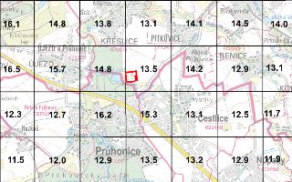 Mapa území s vyznačenou sítí čtverců a číselnými hodnotami v jednotlivých polích. Zobrazené lokality: Újezd u Průhonic, Křeslice, Pitkovice, Nové Pitkovice, Be…