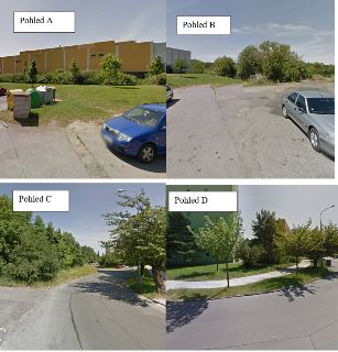 Čtyři fotografie zachycující různé pohledy (Pohled A, Pohled B, Pohled C, Pohled D) na okolní zástavbu, parkoviště a zeleň v okolí stavby.