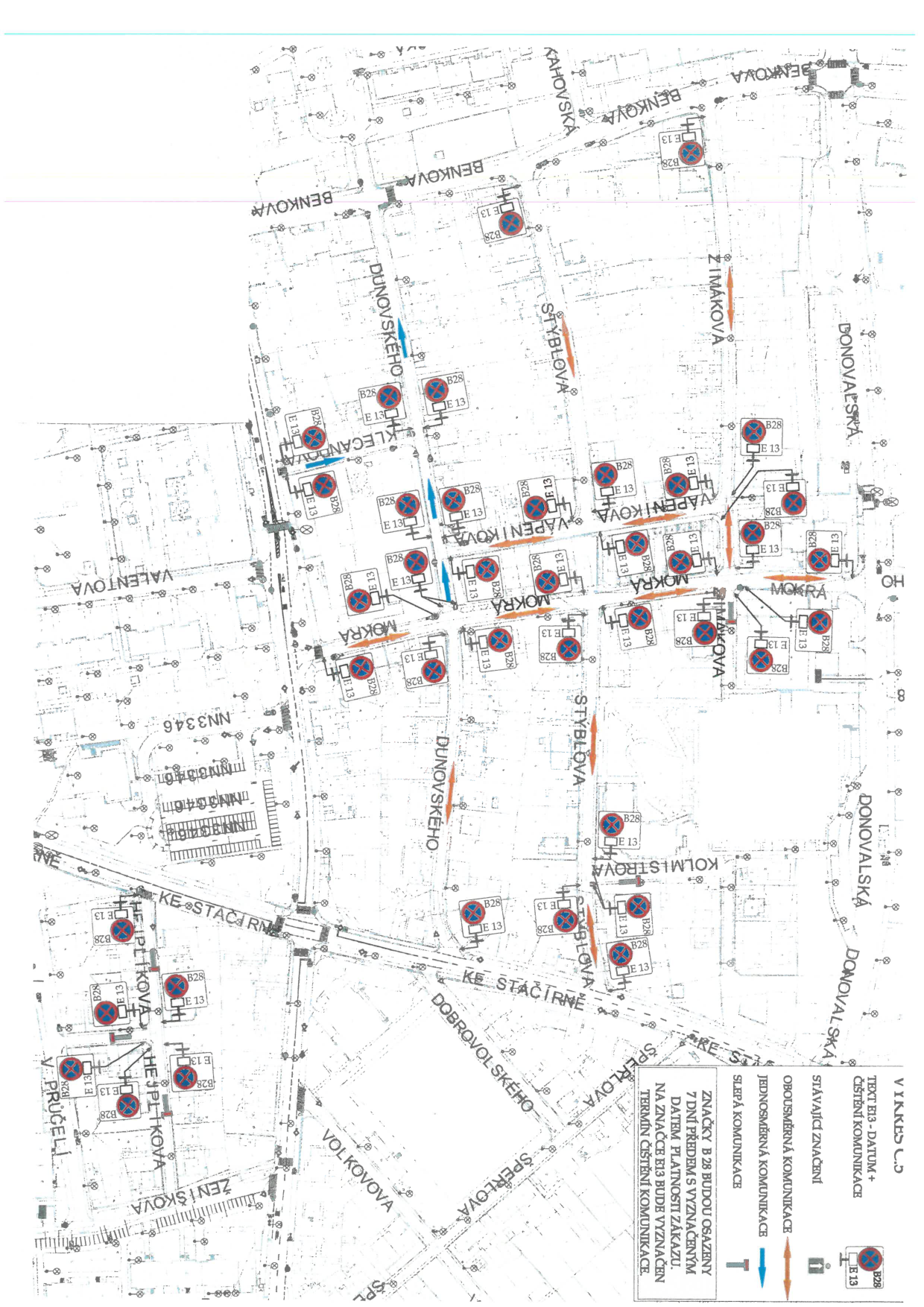 Dopravní schéma s plánem dočasného zákazu zastavení pro účely čištění komunikací v dané lokalitě.