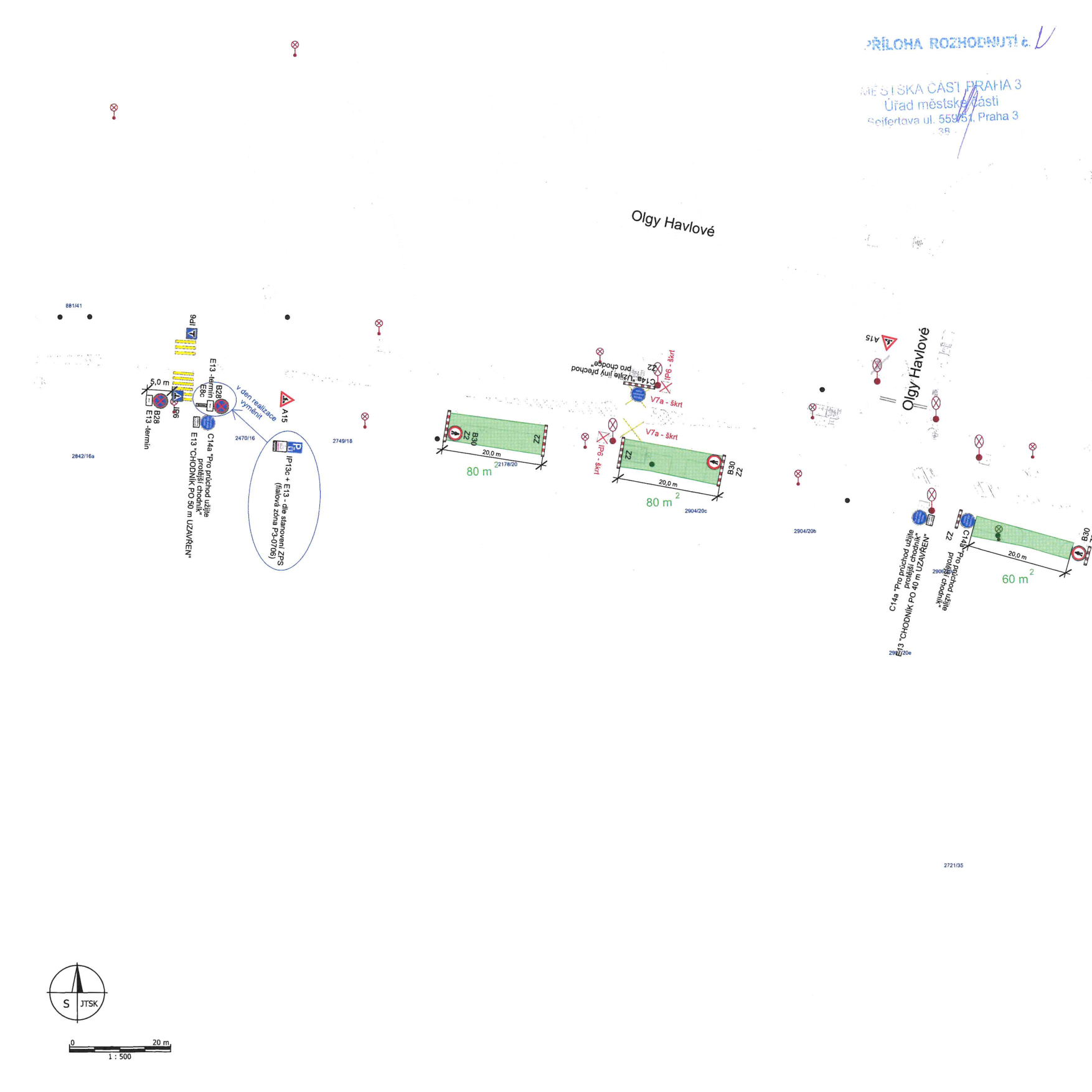 Situační nákres dopravního značení v ulici Olgy Havlové, Praha 3. Dokument obsahuje razítko 'MĚSTSKÁ ČÁST PRAHA 3, Úřad městské části, Seifertova ul. 559/51, Praha 3'. Nákres zobrazuje úseky chodníků s omezením (označeno jako 'CHODNÍK PO 40 m UZAVŘEN' nebo '50 m UZAVŘEN'), dopravní značky (B28, B30, IP6, IP13c, E13, C14a) a vyznačené délky úseků (80 m, 60 m). Obsahuje také poznámku 'v den realizace vyměnit' a odkaz na stanovení ZPS (fialová zóna P3-0706).