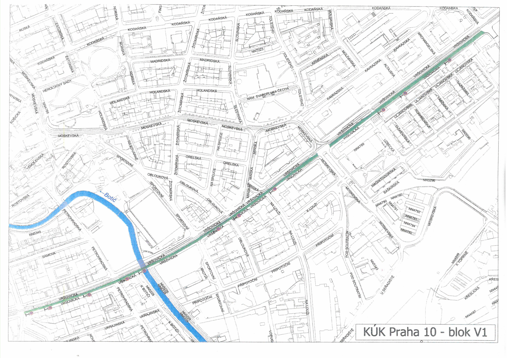 Situační plán s vyznačením trasy (pravděpodobně rekonstrukce tramvajové trati) v ulici Vršovická v Praze 10.