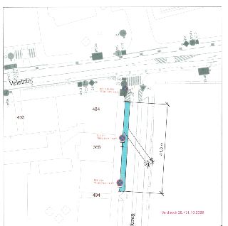Situační nákres dopravního značení a záboru komunikace (označen modře), ulice Veletržní a Veverková. Délka záboru 41,0 m a 2,5 m. Osazeny značky B28, E13 s dod…