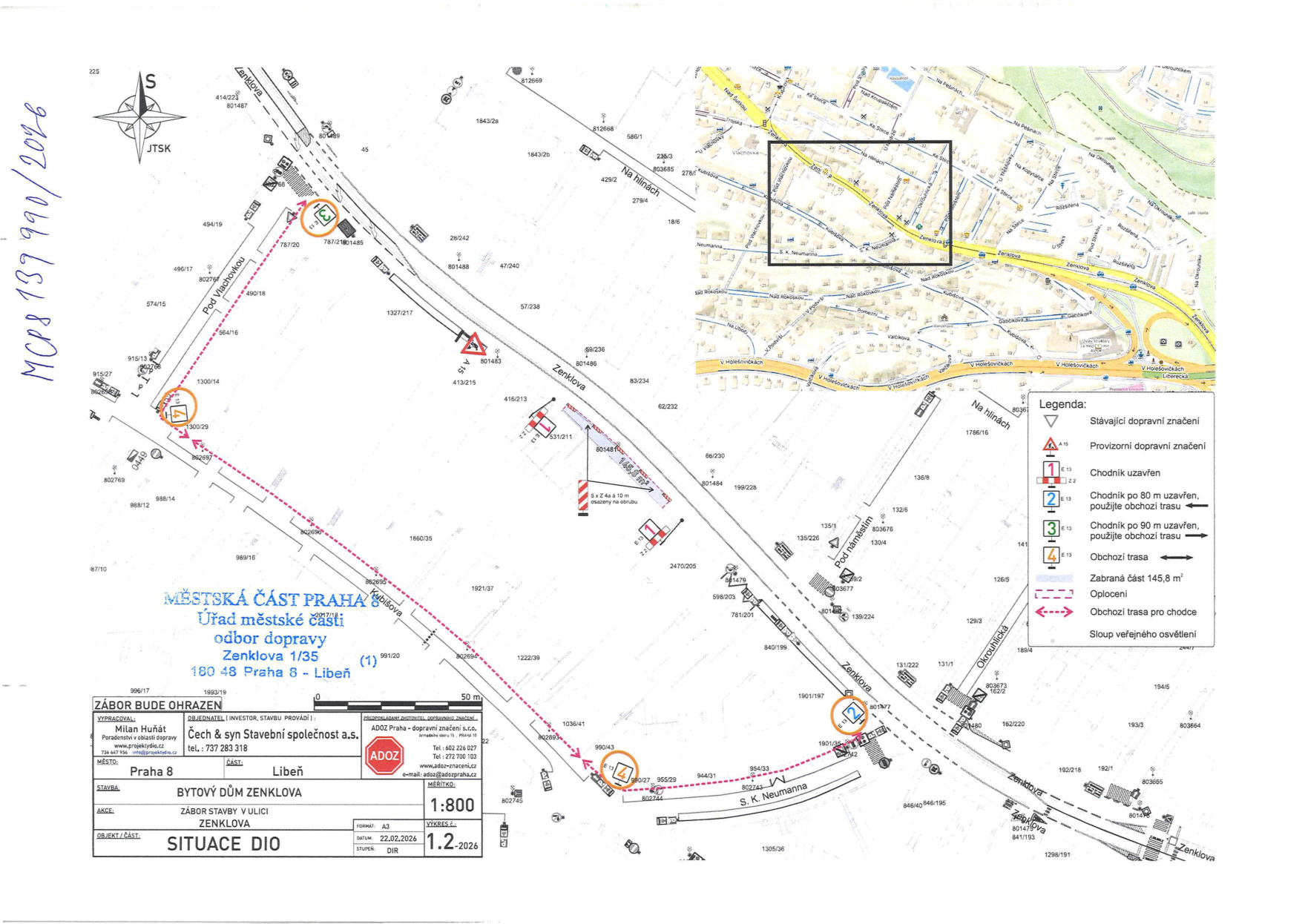 Situační nákres dopravního značení a záboru veřejného prostranství pro stavbu bytového domu v ulici Zenklova.