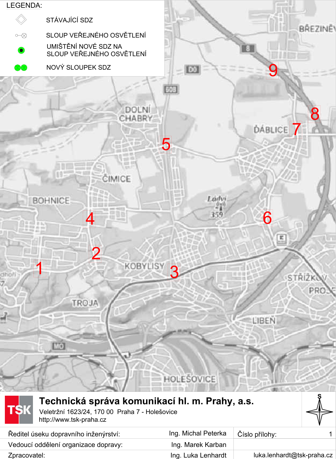 Situační mapa s vyznačenými body 1 až 9 v oblasti severní Prahy (Bohnice, Čimice, Kobylisy, Ďáblice). Legenda: STÁVAJÍCÍ SDZ (kosočtverec), SLOUP VEŘEJNÉHO OSVĚTLENÍ (kroužek s křížkem), UMÍSTĚNÍ NOVÉ SDZ NA SLOUP VEŘEJNÉHO OSVĚTLENÍ (plný zelený kruh), NOVÝ SLOUPEK SDZ (dva zelené kruhy). Zápatí: Technická správa komunikací hl. m. Prahy, a.s., Veletržní 1623/24, 170 00 Praha 7 - Holešovice, http://www.tsk-praha.cz. Ředitel úseku dopravního inženýrství: Ing. Michal Peterka. Vedoucí oddělení organizace dopravy: Ing. Marek Karban. Zpracovatel: Ing. Luka Lenhardt, luka.lenhardt@tsk-praha.cz. Číslo přílohy: 1.