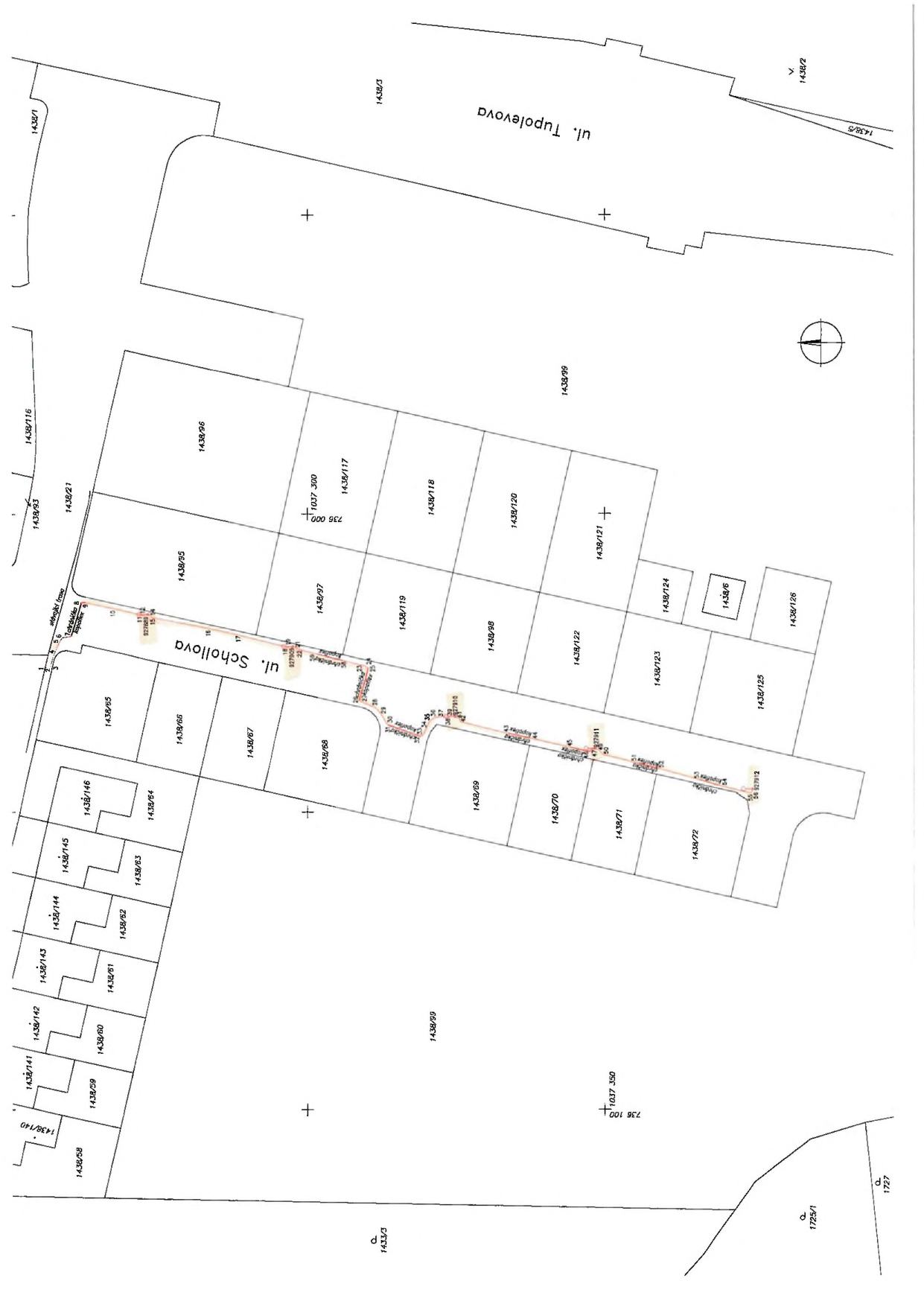 Katastrální mapa zobrazující parcelní čísla v okolí ulic Schollova a Tupolevova. Zobrazená parcelní čísla: 1438/140, 1438/141, 1438/142, 1438/143, 1438/144, 1438/145, 1438/146, 1438/58, 1438/59, 1438/60, 1438/51, 1438/52, 1438/63, 1438/64, 1438/65, 1438/66, 1438/67, 1438/68, 1438/69, 1438/70, 1438/71, 1438/72, 1438/99, 1438/98, 1438/122, 1438/123, 1438/125, 1438/126, 1438/6, 1438/124, 1438/121, 1438/120, 1438/119, 1438/118, 1438/97, 1438/117, 1438/96, 1438/95, 1438/21, 1438/93, 1438/116, 1438/1, 1435/2, 1438/5, 1438/3, 1633/3, 1725/1, 1727. V mapě je vyznačena ulice Schollova a ulice Tupolevova.