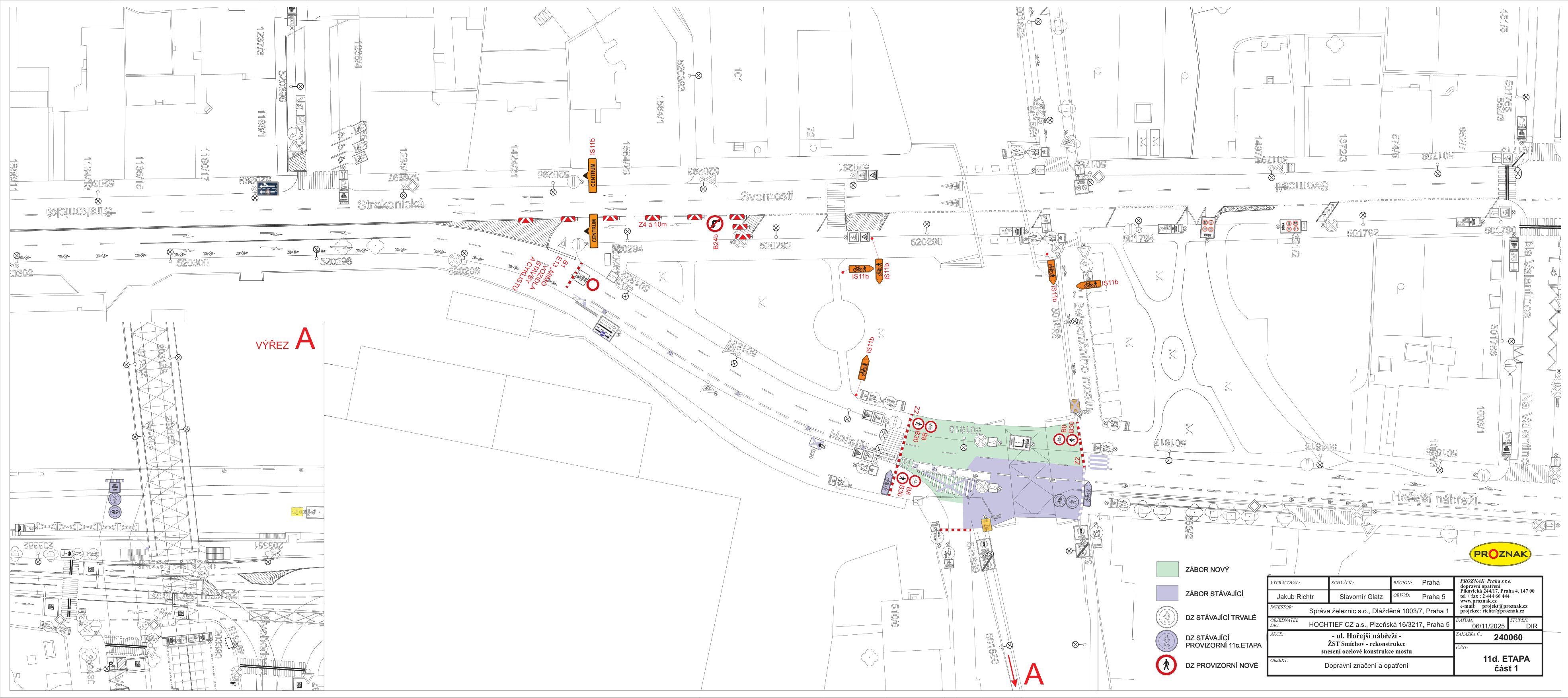 Situační nákres dopravního značení a záborů pro 11. etapu rekonstrukce mostu v ulici Hořejší nábřeží.