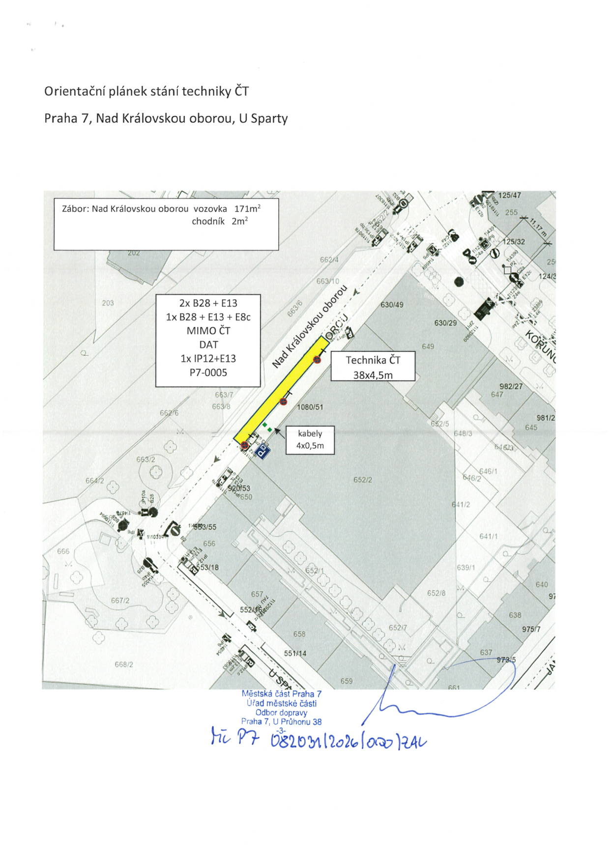 Situační nákres (plánek) záboru veřejného prostranství pro techniku ČT v Praze 7.