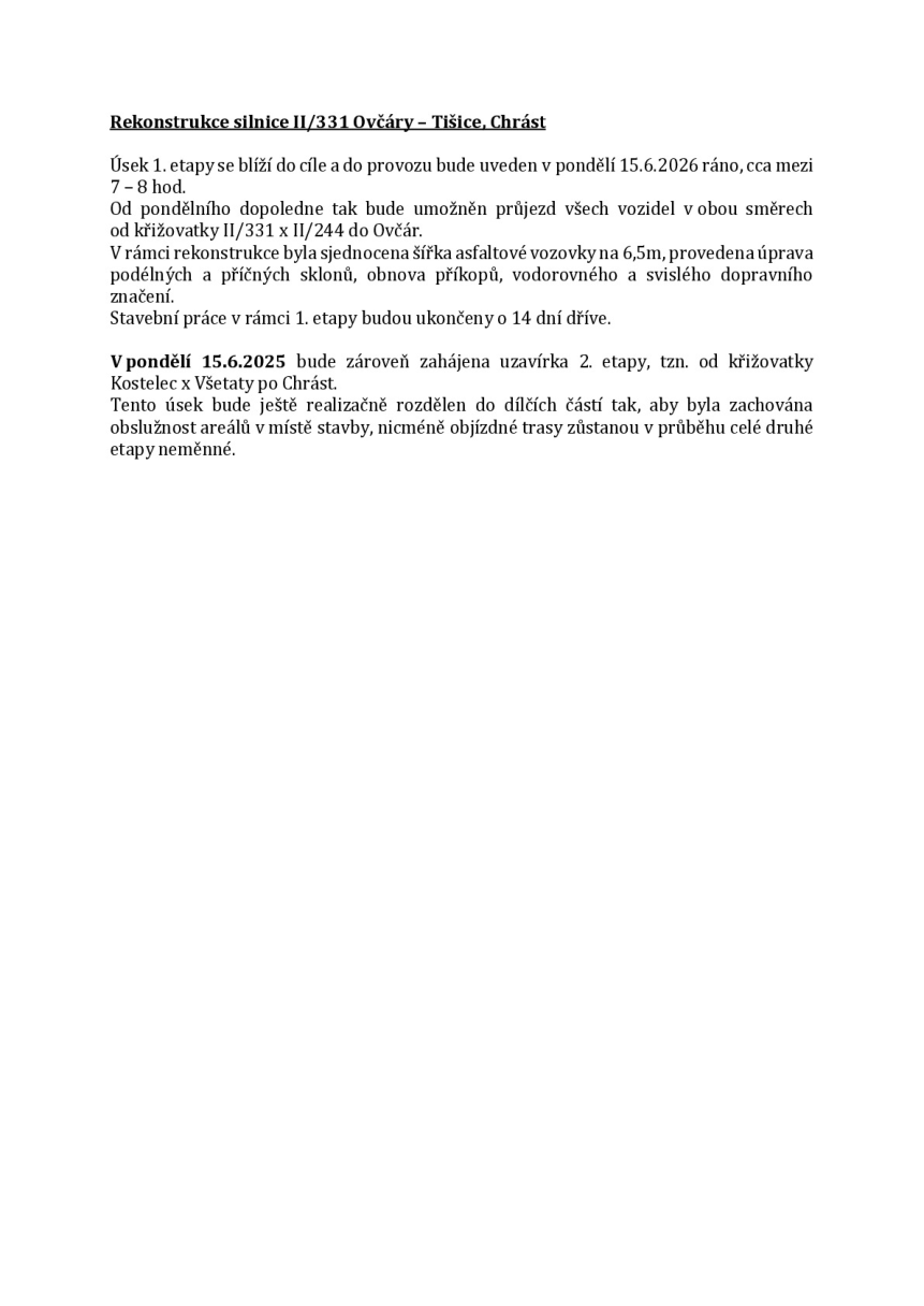 Oznámení o rekonstrukci silnice II/331 Ovčáry – Tišice, Chrást. 1. etapa bude uvedena do provozu v pondělí 15.6.2026 mezi 7–8 hod. ranní, umožněn průjezd všech vozidel v obou směrech od křižovatky II/331 x II/244 do Ovčár. V rámci rekonstrukce byla sjednocena šířka vozovky na 6,5 m, upraveny sklony, obnoveny příkopy a dopravní značení. Stavební práce 1. etapy skončí o 14 dní dříve. V pondělí 15.6.2025 bude zahájena uzavírka 2. etapy (od křižovatky Kostelec x Všetaty po Chrást). Tento úsek bude rozdělen na dílčí části pro zachování obslužnosti areálů, objízdné trasy zůstávají po celou dobu 2. etapy neměnné.