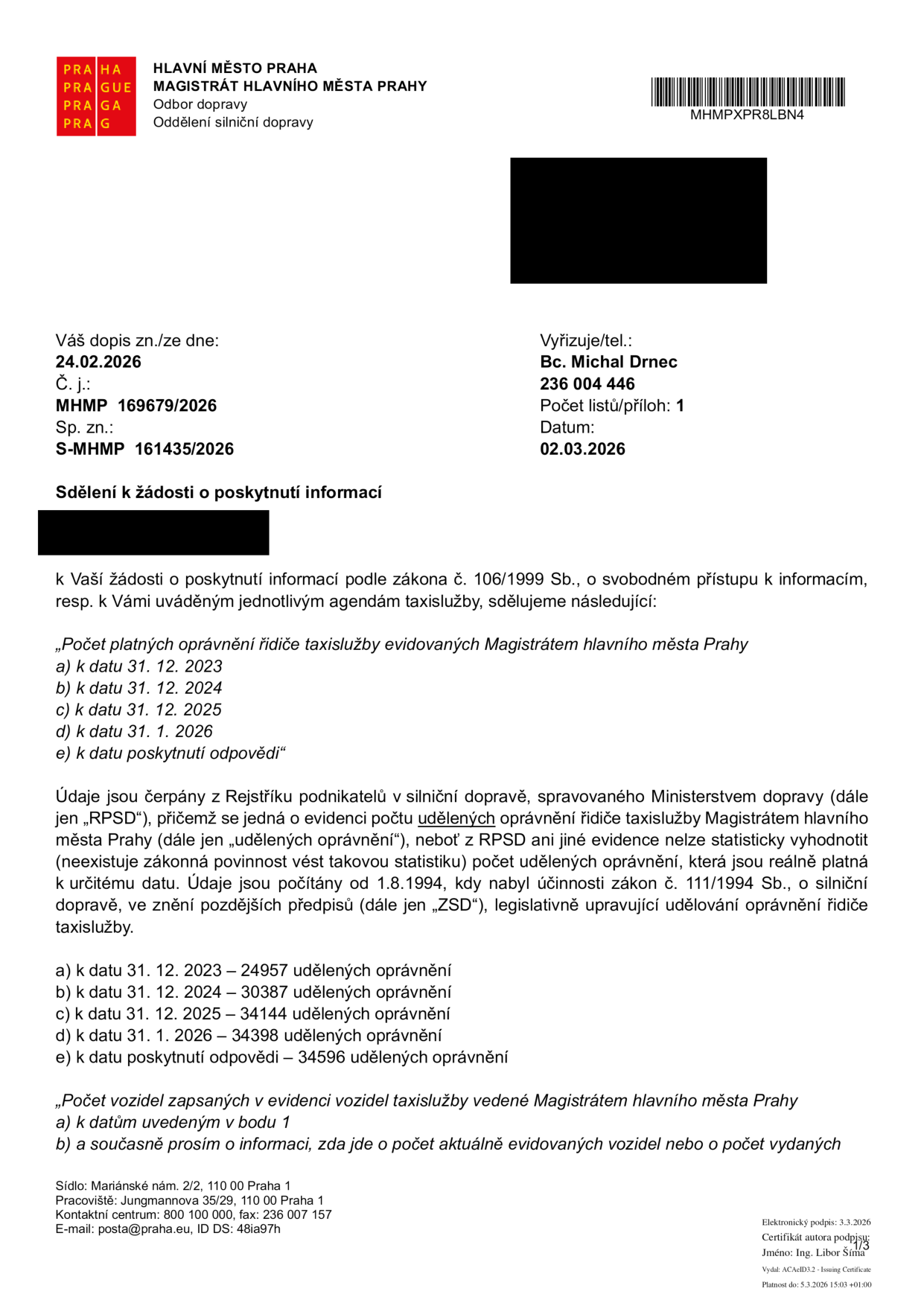 Sdělení k žádosti o poskytnutí informací od Magistrátu hlavního města Prahy, odbor dopravy, ze dne 02.03.2026. Dokument obsahuje statistiku počtu udělených oprávnění řidiče taxislužby evidovaných Magistrátem hl. m. Prahy: k 31. 12. 2023 (24 957), k 31. 12. 2024 (30 387), k 31. 12. 2025 (34 144), k 31. 1. 2026 (34 398) a k datu poskytnutí odpovědi (34 596). Údaje vycházejí z Rejstříku podnikatelů v silniční dopravě (RPSD). Vyřizuje Bc. Michal Drnec, tel. 236 004 446.