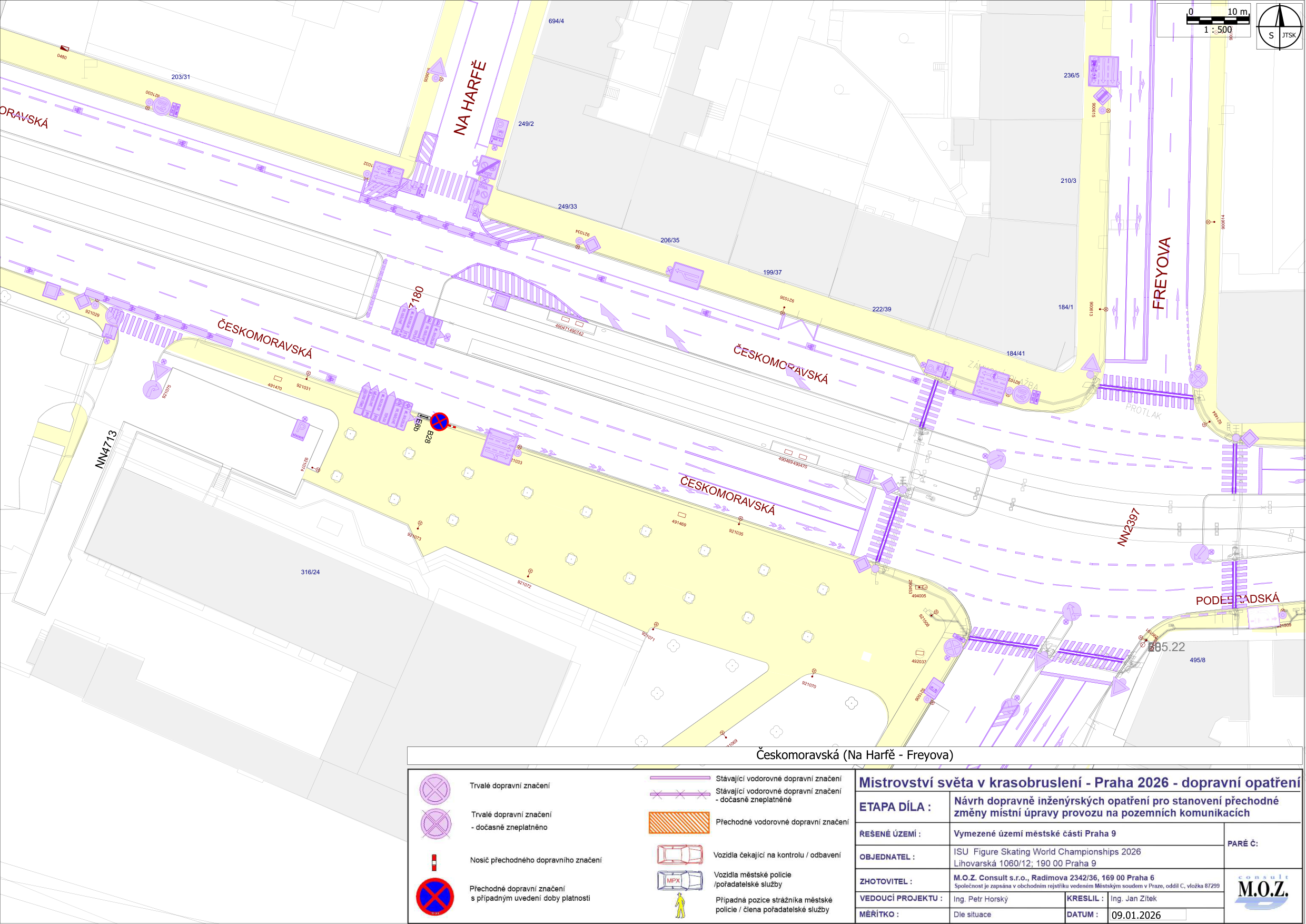 Situace dopravního značení pro akci Mistrovství světa v krasobruslení 2026 v oblasti ulic Českomoravská, Na Harfě a Freyova.