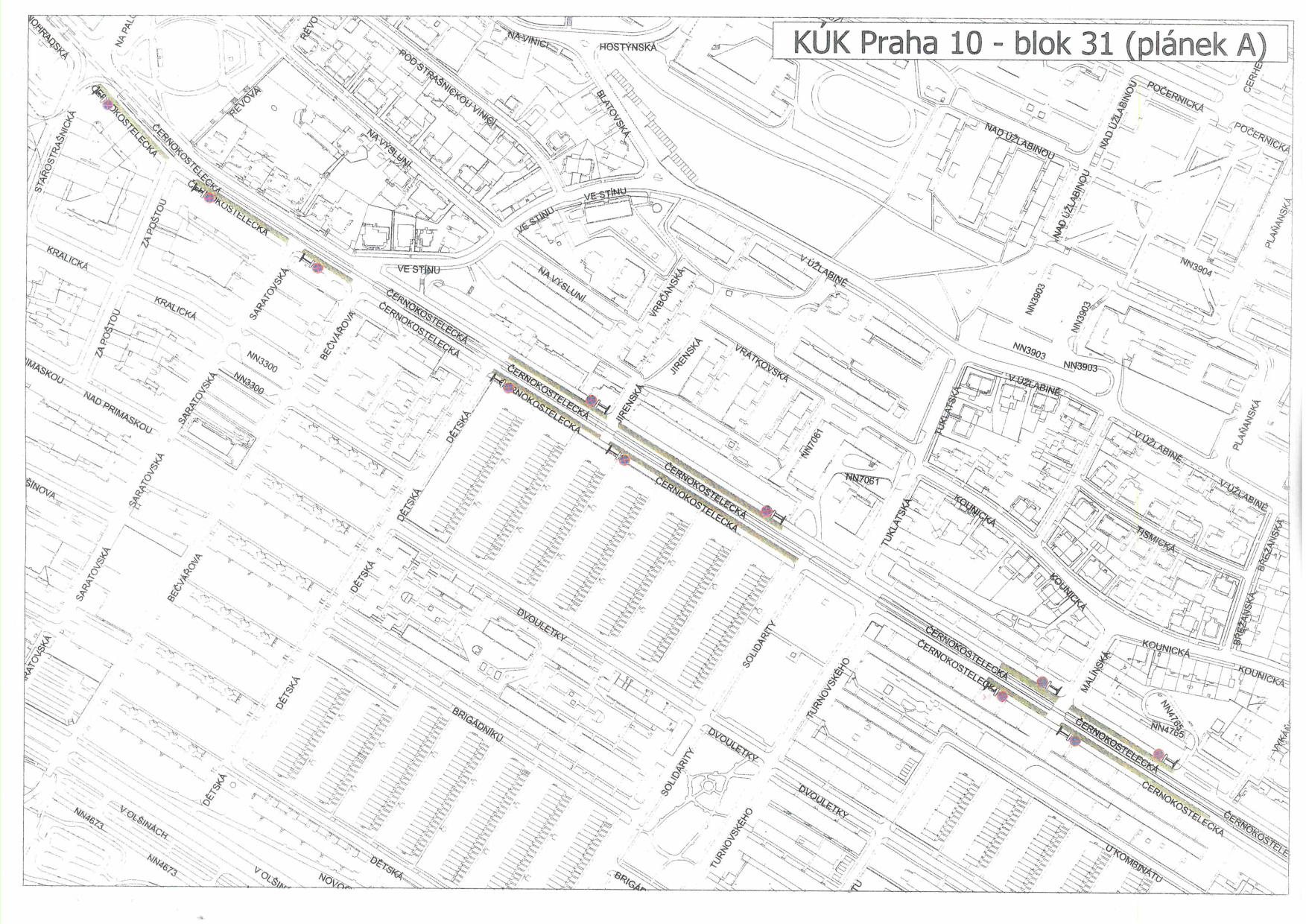 Situační plán s vyznačeným úsekem ulice Černokostelecká v Praze 10.
