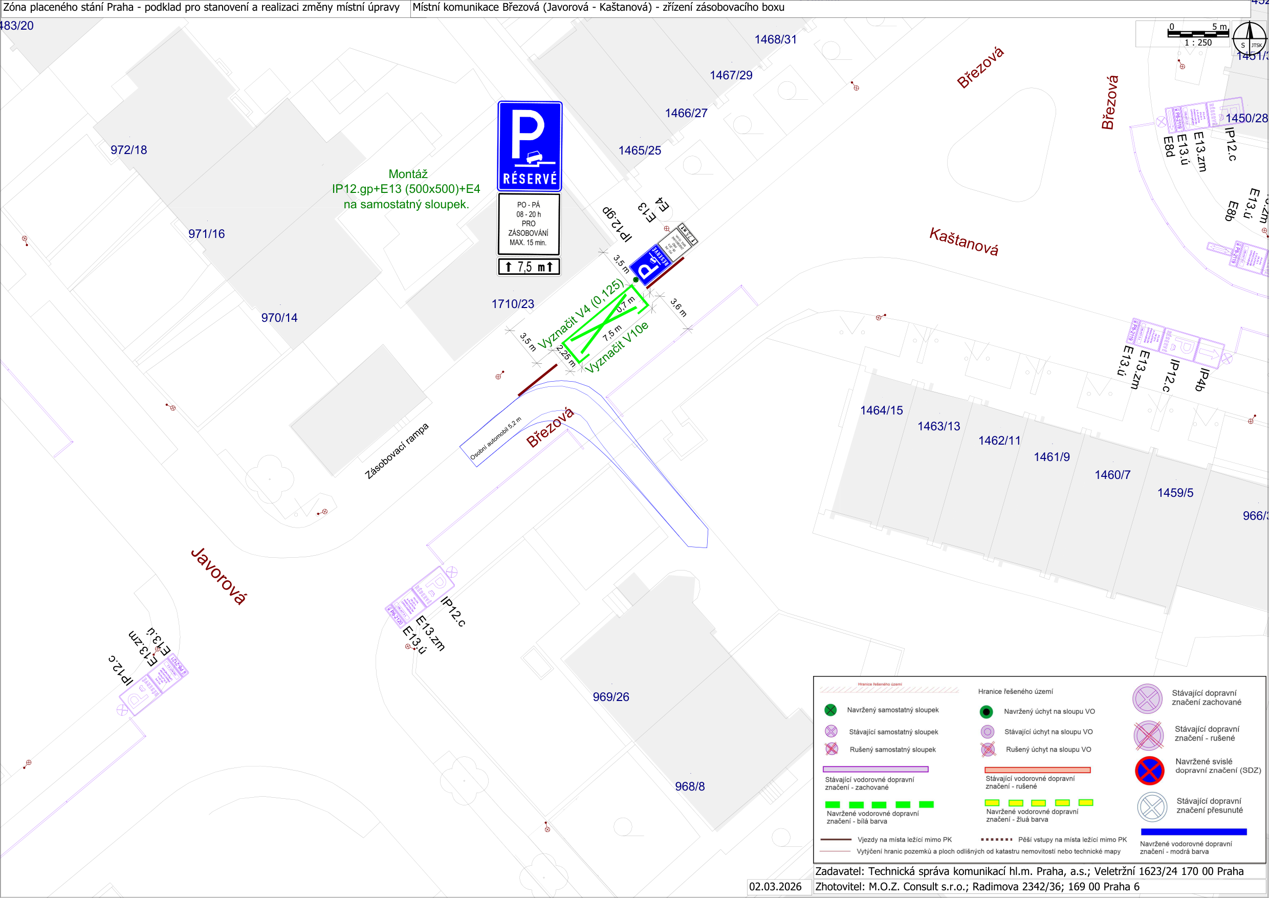 Situační nákres dopravního značení pro zřízení zásobovacího boxu v ulici Březová.