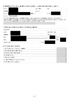 Část formuláře žádosti o dotaci. Bod 6: Identifikace osob zastupujících právnickou osobu (jméno, příjmení, titul Ing., funkce: Provozovatel). Bod 7: Adresa pro…