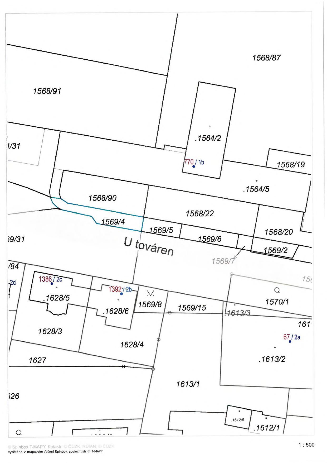 Katastrální mapa zobrazující oblast ulice U továren. Zobrazená čísla parcel: 1568/87, 1568/91, 1564/2 (s označením 770/1b), 1568/19, 1564/5, 1568/90, 1568/22, 1568/20, 1569/4, 1569/5, 1569/6, 1569/7, 1569/2, 1569/31, 1628/5 (s označením 1386/2c), 1628/6 (s označením 1392/2b), 1569/8, 1569/15, 1570/1, 1628/3, 1628/4, 1627, 1613/3, 1613/2 (s označením 67/2a), 1613/1, 1612/5, 1612/1. Uvedeno měřítko 1:500 a zdroj dat: Spinbox T-MAPY, Katastr ČÚZK, RÚIAN.